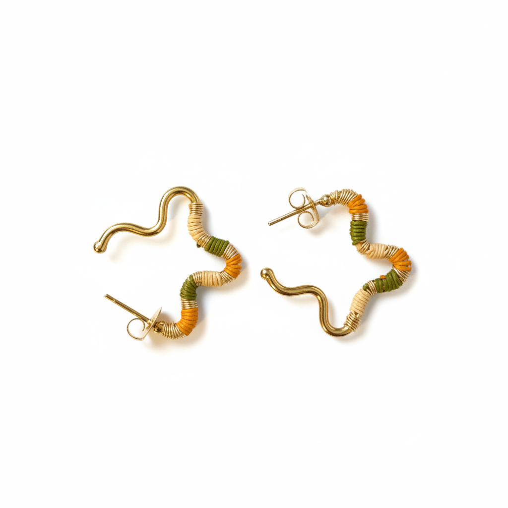 Aretes dorados onda naranja y verde