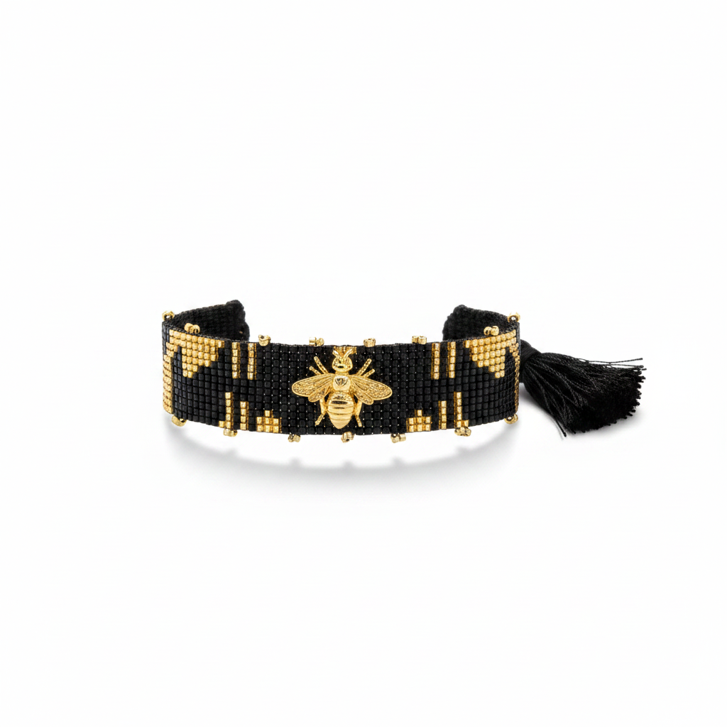Pulsera negra dorada abeja